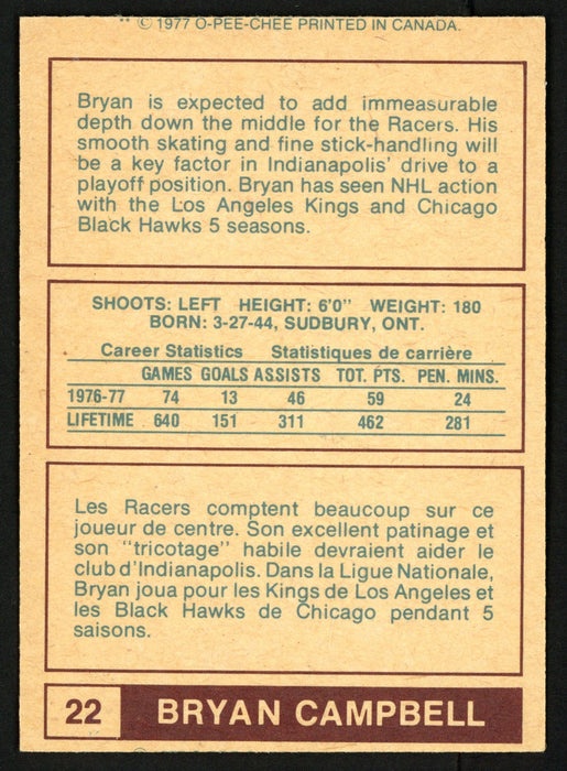 Bryan Campbell Autographed 1977-78 WHA O-Pee-Chee Card #22 Edmonton Oilers SKU #151337 - RSA