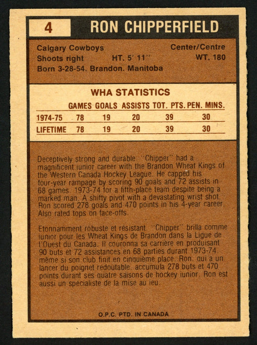 Ron Chipperfield Autographed 1975-76 WHA O-Pee-Chee Card #4 Calgary Cowboys SKU #151391 - RSA