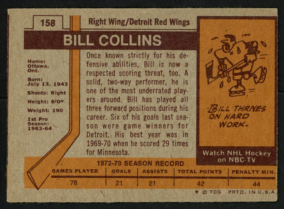 Bill Collins Autographed 1973-74 Topps Card #158 Detroit Red Wings SKU #149988 - RSA