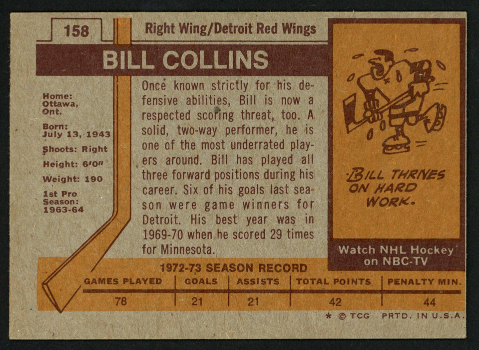 Bill Collins Autographed 1973-74 Topps Card #158 Detroit Red Wings SKU #149989 - RSA