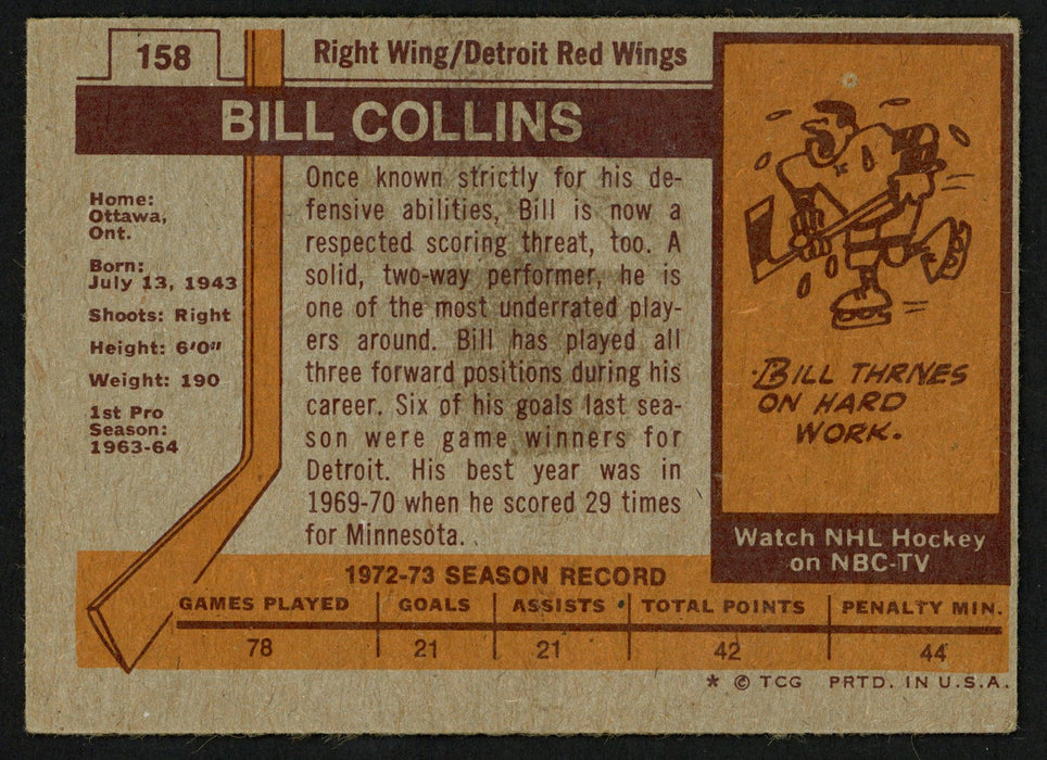 Bill Collins Autographed 1973-74 Topps Card #158 Detroit Red Wings SKU #149987 - RSA
