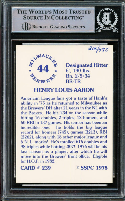 Hank Aaron Autographed 1975 SSPC Card #239 Milwaukee Brewers Beckett BAS  #14612284