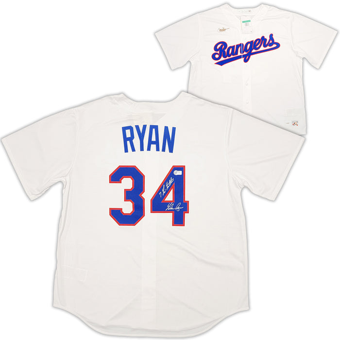Texas Rangers Nolan Ryan Autographed White Nike Cooperstown Authentic Collection Jersey Size XL " 7 No-Hitters " Beckett BAS QR Stock #211254