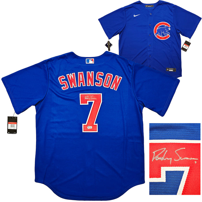 Chicago Cubs Dansby Swanson Autographed Blue Nike Jersey Size L Beckett BAS QR Stock #215513