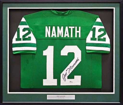 New York Jets Joe Namath Autographed Framed Green Jersey Beckett BAS Witness Stock #215859