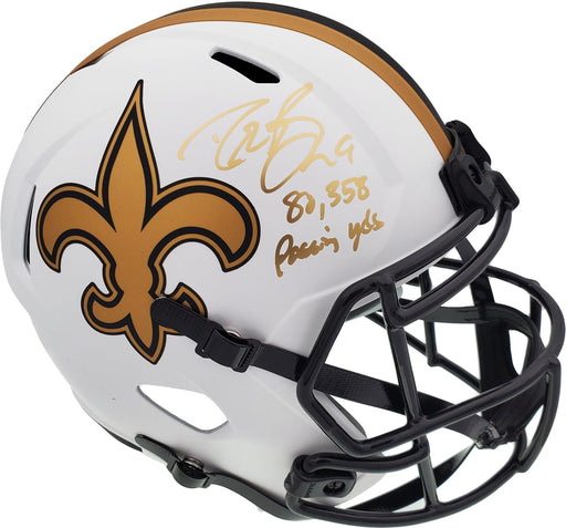 Drew Brees Autographed New Orleans Saints Lunar Eclipse White Full Size Replica Speed Helmet "80,358 Passing Yds" Beckett BAS Stock #193499 - RSA