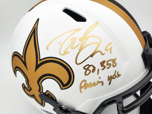 Drew Brees Autographed New Orleans Saints Lunar Eclipse White Full Size Replica Speed Helmet "80,358 Passing Yds" Beckett BAS Stock #193499 - RSA