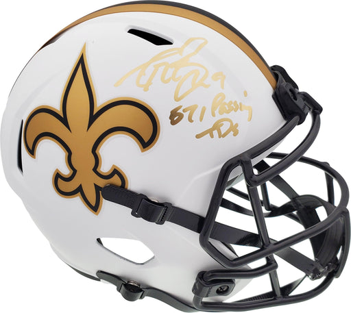Drew Brees Autographed New Orleans Saints Lunar Eclipse White Full Size Replica Speed Helmet "571 Passing TD's" Beckett BAS Stock #193497 - RSA
