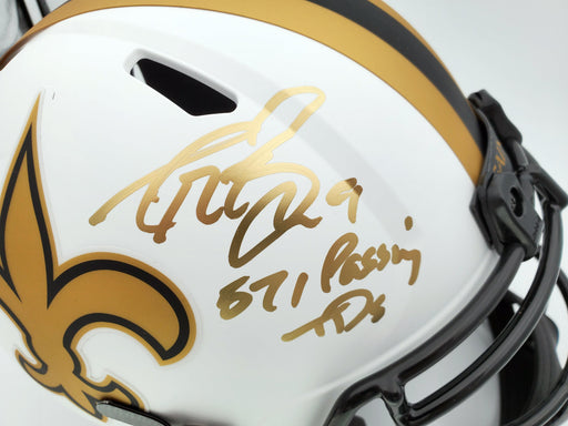 Drew Brees Autographed New Orleans Saints Lunar Eclipse White Full Size Replica Speed Helmet "571 Passing TD's" Beckett BAS Stock #193497 - RSA