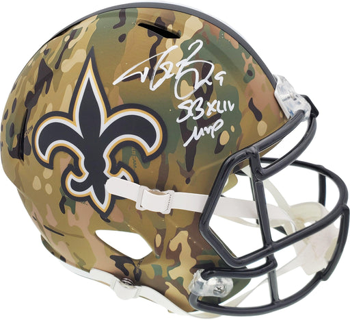 Drew Brees Autographed New Orleans Saints Camo Full Size Replica Speed Helmet "SB XLIV MVP" Beckett BAS Stock #191124 - RSA