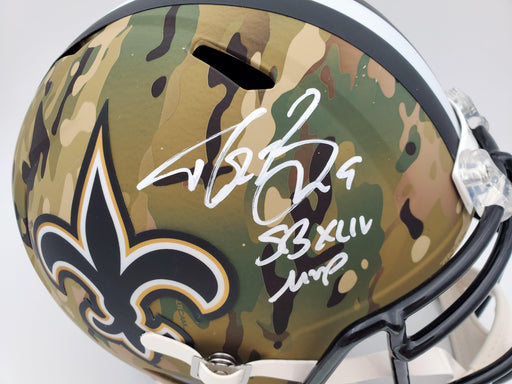 Drew Brees Autographed New Orleans Saints Camo Full Size Replica Speed Helmet "SB XLIV MVP" Beckett BAS Stock #191124 - RSA