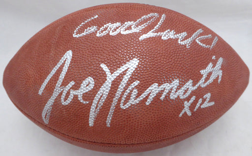 Joe Namath Autographed SB XXXIII Logo NFL Leather Football New York Jets "Good Luck" Beckett BAS #BJ25167
