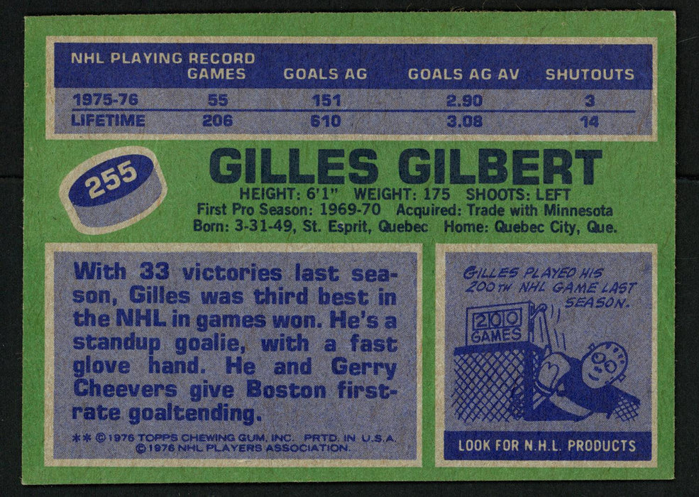 Gilles Gilbert Autographed 1976-77 Topps Card #255 Boston Bruins SKU #150200 - RSA