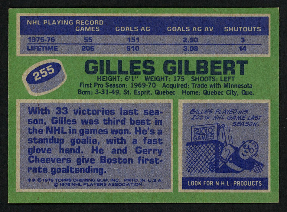 Gilles Gilbert Autographed 1976-77 Topps Card #255 Boston Bruins SKU #150199 - RSA