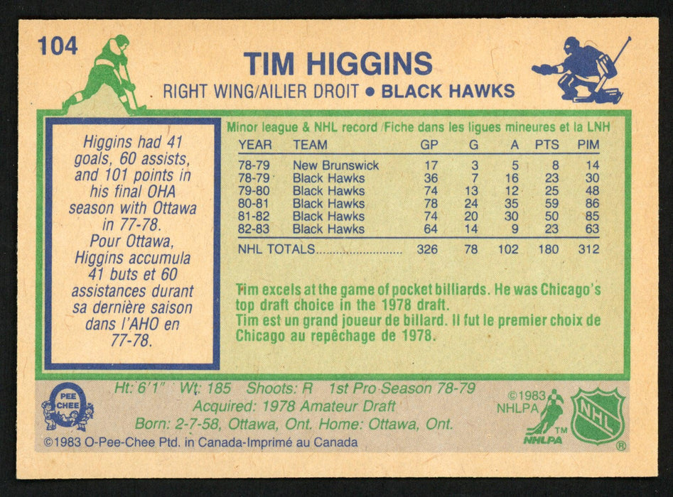 Tim Higgins Autographed 1983-84 O-Pee-Chee Card #104 Chicago Blackhawks SKU #150217 - RSA