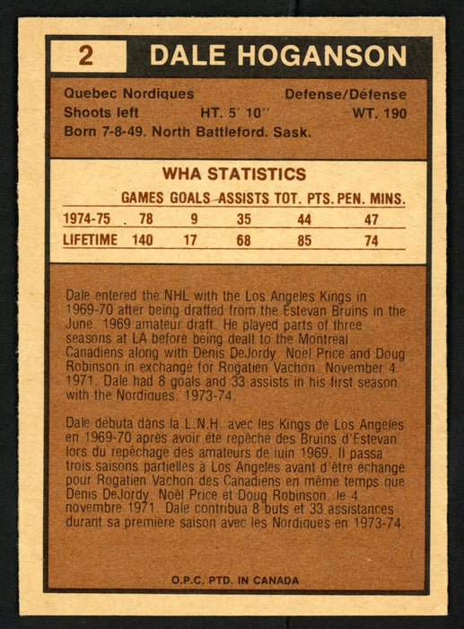 Dale Hoganson Autographed 1975-76 WHA O-Pee-Chee Card #2 Quebec Nordiques SKU #151390 - RSA