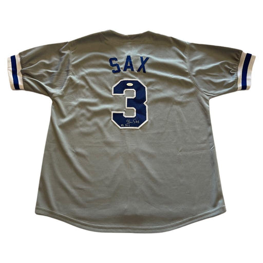 Steve Sax Signed 82 NL ROY Inscription Los Angeles Grey Baseball Jersey (JSA) - RSA