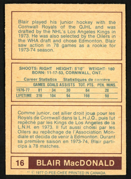 Blair MacDonald Autographed 1977-78 WHA O-Pee-Chee Card #16 Edmonton Oilers "Best Wishes" SKU #151336 - RSA