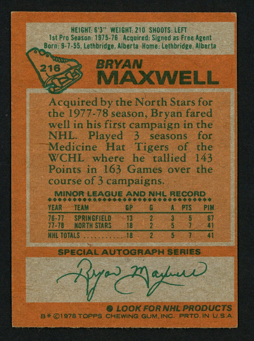 Bryan Maxwell Autographed 1978-79 Topps Rookie Card #216 Minnesota North Stars SKU #153574 - RSA