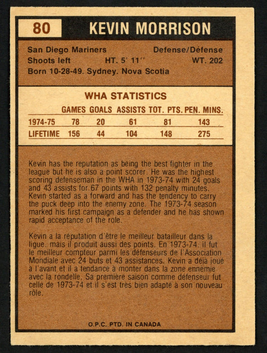 Kevin Morrison Autographed 1975-76 WHA O-Pee-Chee Rookie Card #80 San Diego Mariners SKU #151322 - RSA