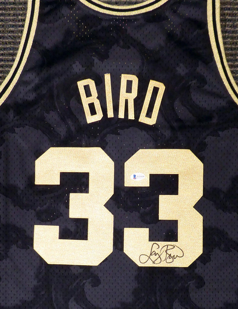 Boston Celtics Larry Bird Autographed Black Mitchell & Ness Gold Toile Swingman Jersey Size XXL Beckett BAS Stock #177717 - RSA
