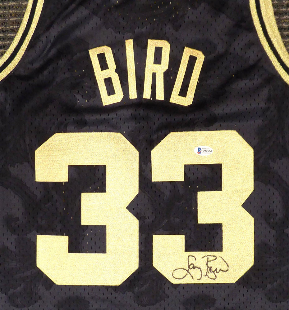 Boston Celtics Larry Bird Autographed Black Mitchell & Ness Gold Toile Swingman Jersey Size L Beckett BAS #Y92564 - RSA