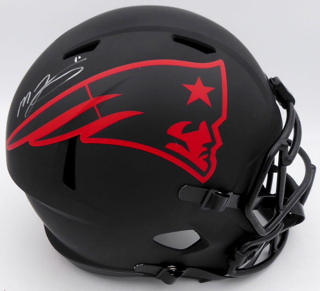 Mac Jones Autographed New England Patriots Eclipse Black Full Size Replica Speed Helmet (Light Auto) Beckett BAS QR #WS86062 - RSA