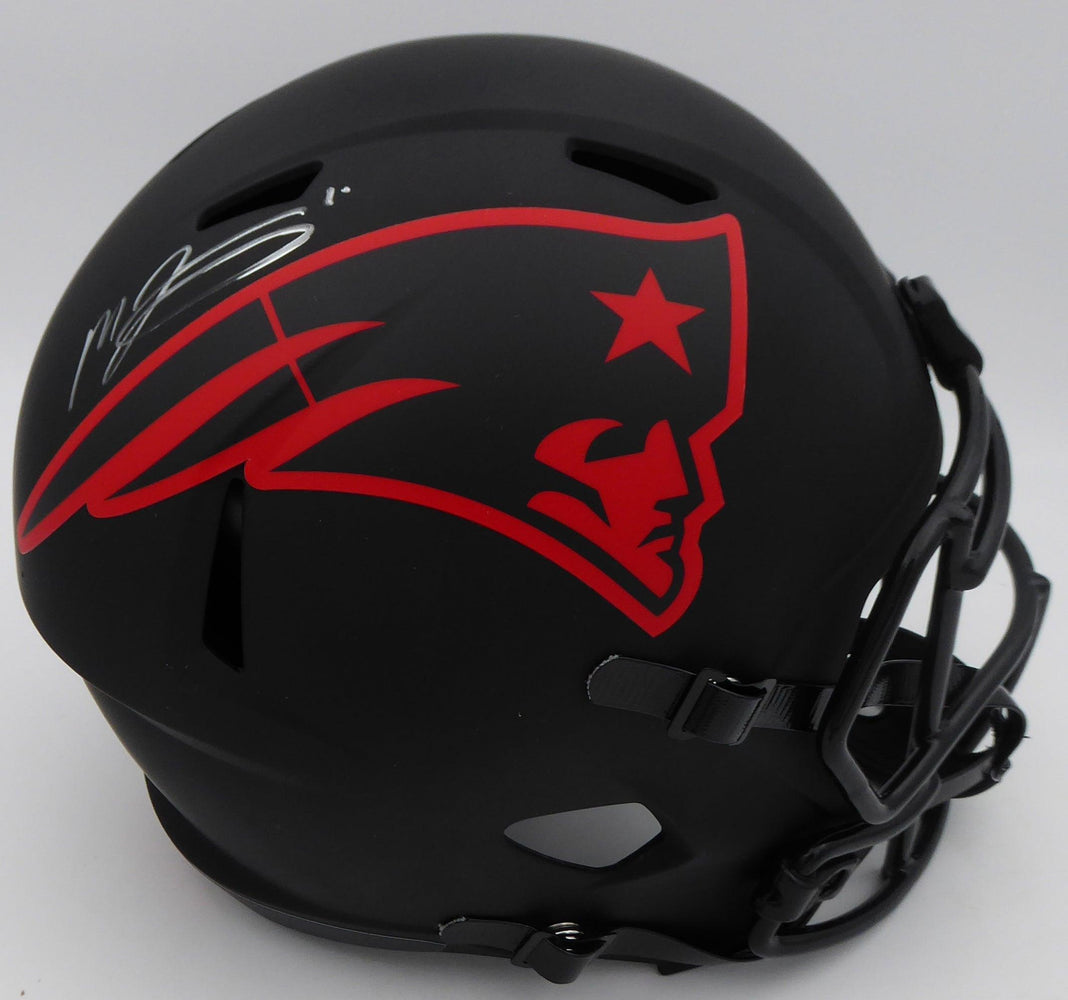 Mac Jones Autographed New England Patriots Eclipse Black Full Size Replica Speed Helmet (Light Auto) Beckett BAS QR #WS86060 - RSA