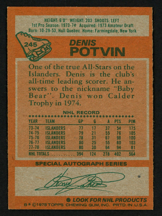 Denis Potvin Autographed 1978-79 Topps Card #245 New York Islanders SKU #153578 - RSA