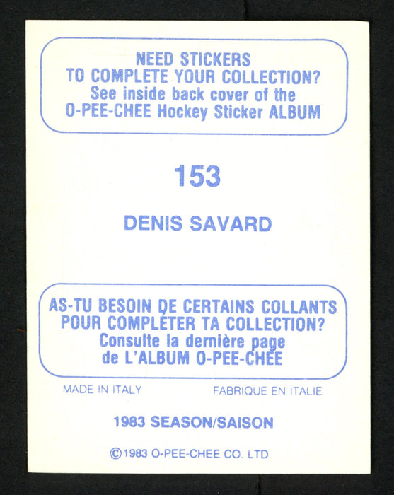 Denis Savard Autographed 1983-84 O-Pee-Chee Sticker Card #153 Chicago Blackhawks SKU #153612 - RSA