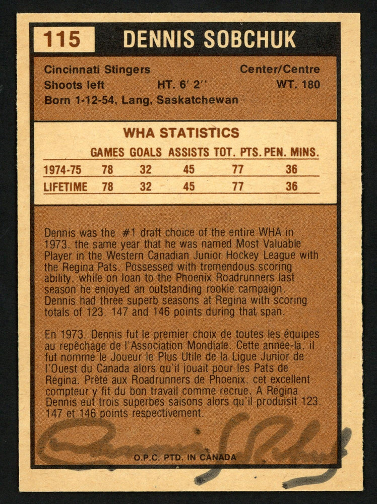 Dennis Sobchuk Autographed 1975-76 WHA O-Pee-Chee Card #115 Cincinnati Stingers SKU #151330 - RSA