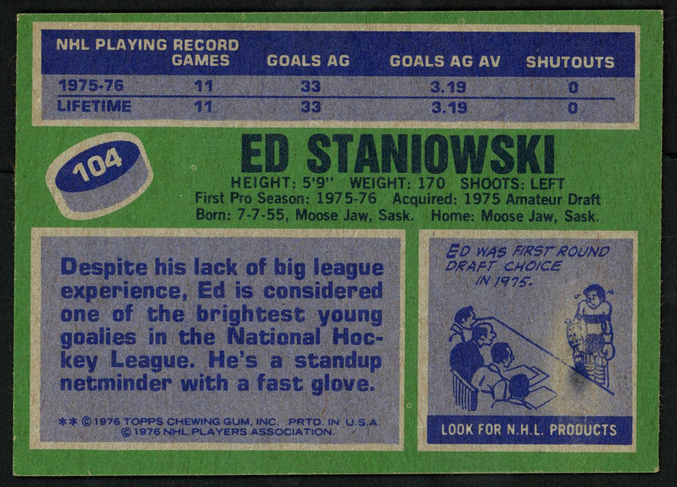 Ed Staniowski Autographed 1976-77 Topps Rookie Card #104 St. Louis Blues SKU #150182 - RSA