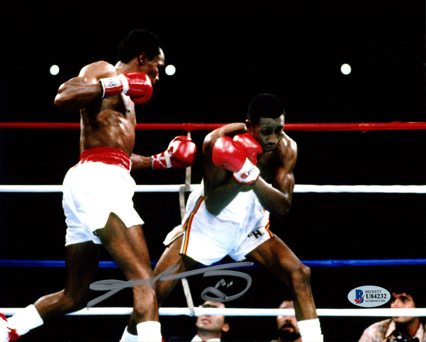 Sugar Ray Leonard Autographed 8x10 Photo vs. Thomas "Hitman" Hearns Beckett BAS Stock #178101 - RSA
