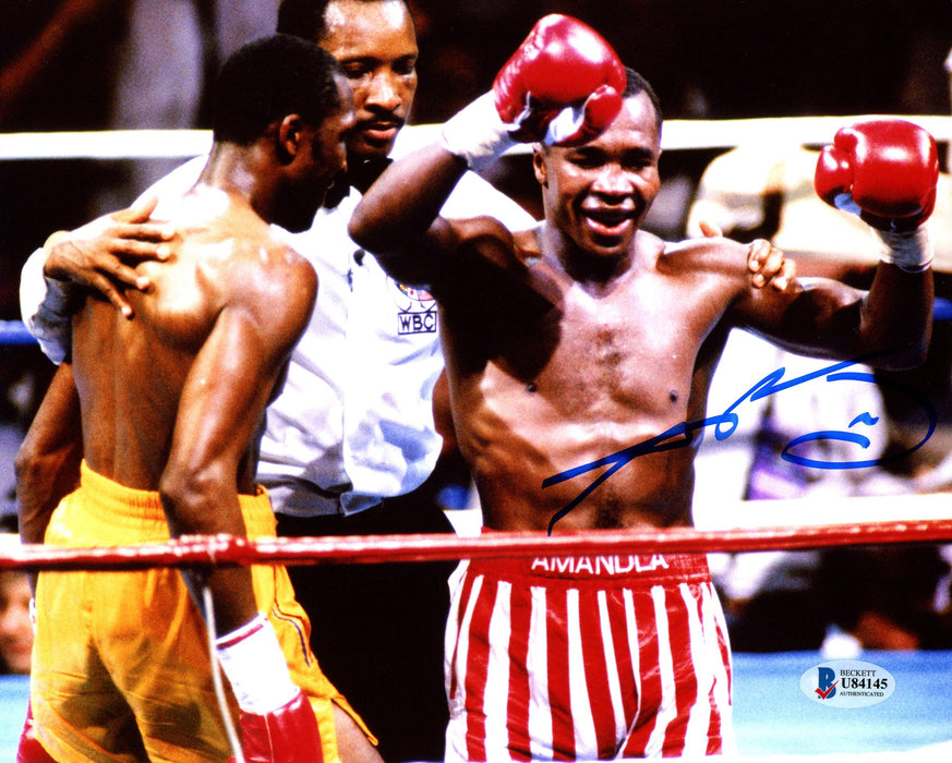 Sugar Ray Leonard Autographed 8x10 Photo vs. Thomas "Hitman" Hearns Beckett BAS Stock #178107 - RSA