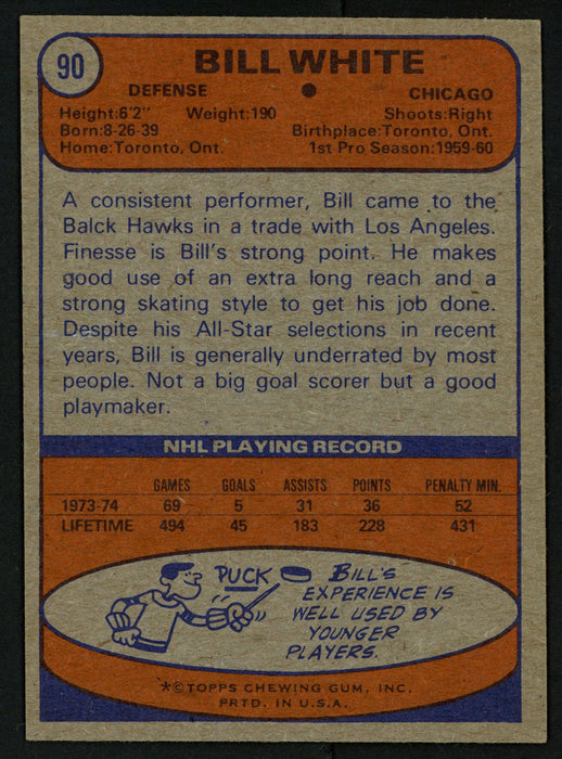 Bill White Autographed 1974-75 Topps Card #90 Chicago Blackhawks SKU #150089 - RSA