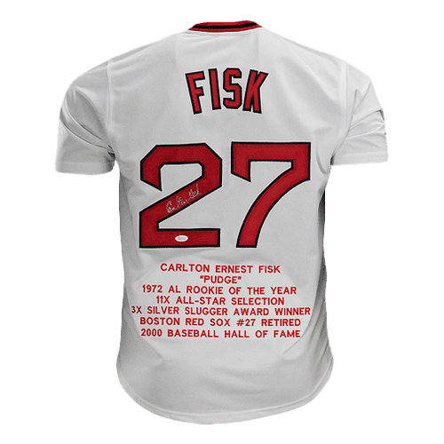 Carlton Fisk Autographed Gray Baseball Stat Jersey with JSA COA