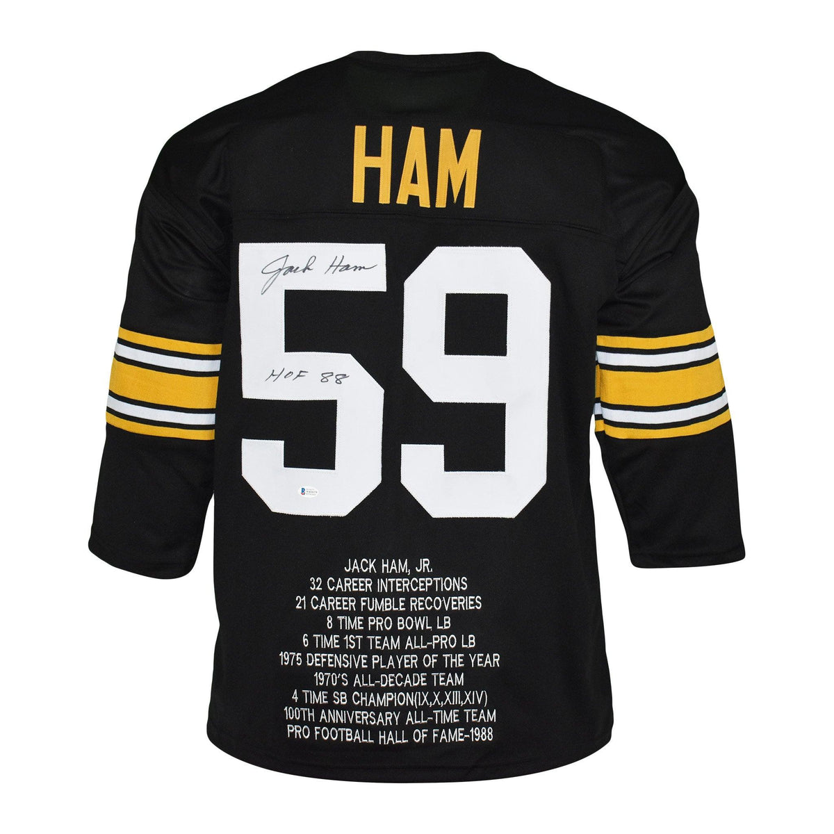 Jack Ham Autographed HOF 88 and Framed Black Steelers Jersey