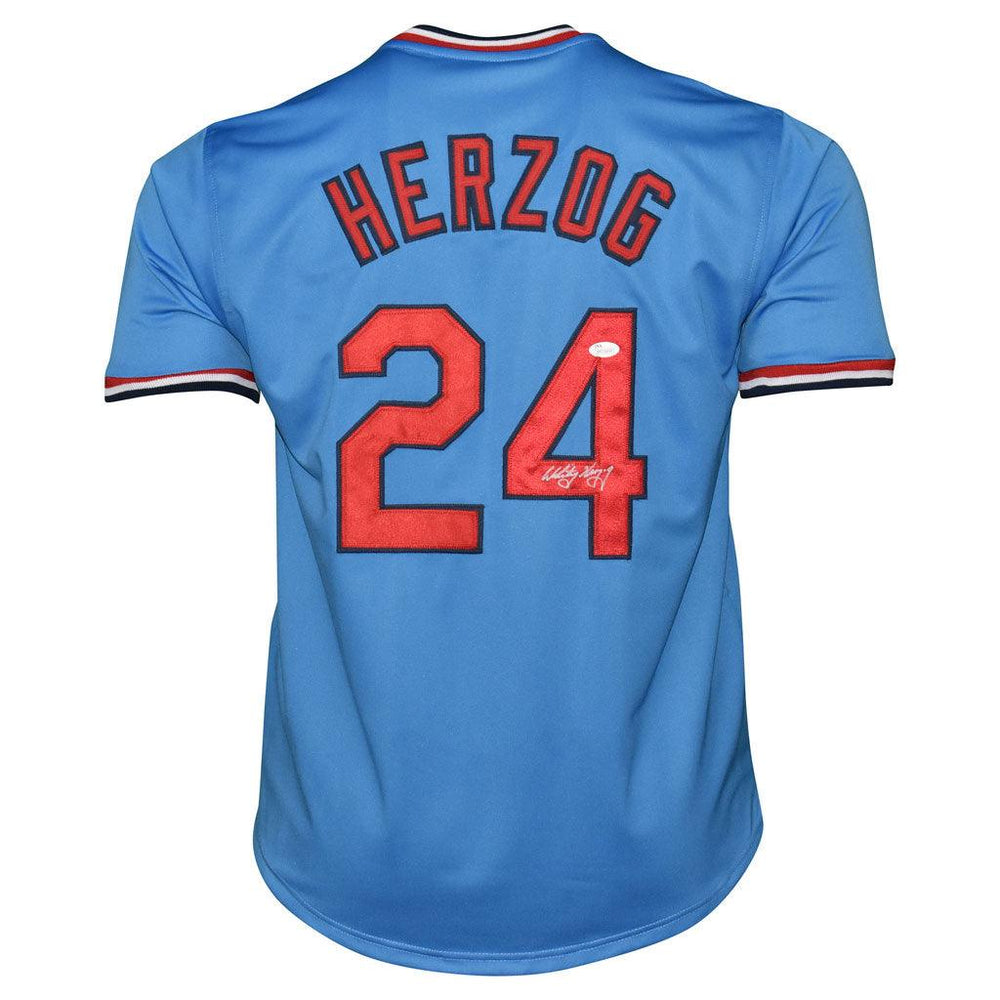 Autographed/Signed Whitey Herzog St. Louis Blue Baseball Jersey