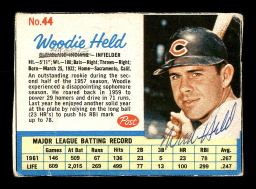 Woodie Held Autographed 1962 Post Cereal Card #44 Cleveland Indians SKU #171579 - RSA