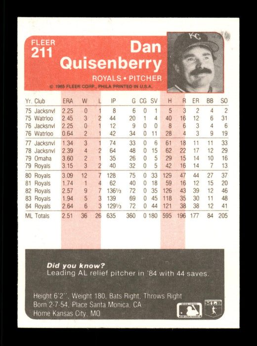 Dan Quisenberry Autographed 1985 Fleer Card #211 Kansas City Royals SK — RSA