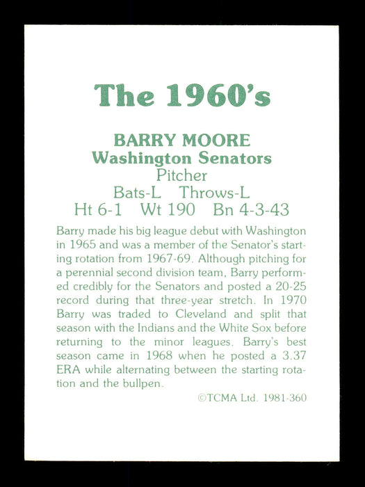 Barry Moore Autographed 1981 TCMA Card #360 Washington Senators "Best Wishes" SKU #171832 - RSA