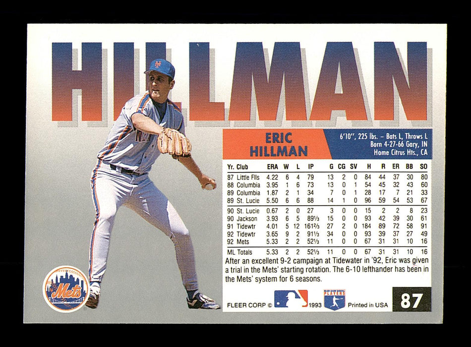 Eric Hillman Autographed 1993 Fleer Card #87 New York Mets SKU