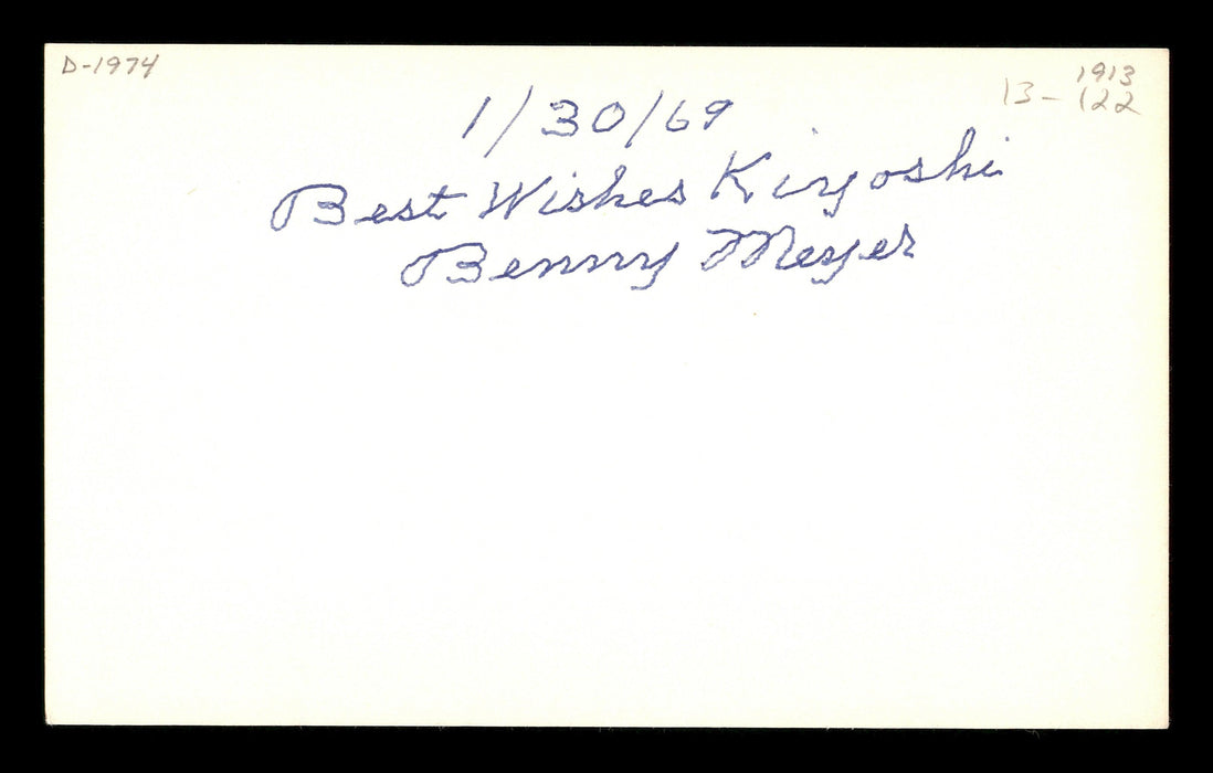 Benny Meyer Autographed 3x5 Index Card Brooklyn Dodgers "Best Wishes Kiyoshi" SKU #174057 - RSA
