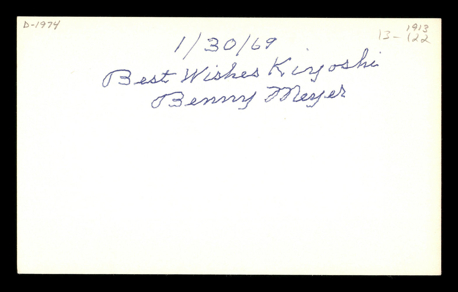 Benny Meyer Autographed 3x5 Index Card Brooklyn Dodgers "Best Wishes Kiyoshi" SKU #174057 - RSA