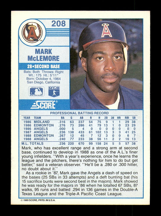 Mark McLemore Autographed 1989 Score Card #208 California Angels SKU #183902 - RSA