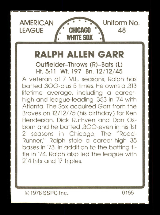 Ralph Garr Autographed 1978 SSPC Card #155 Chicago White Sox SKU