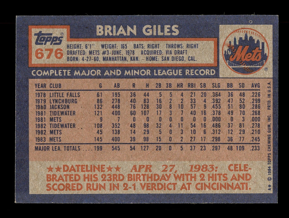 Brian Giles Autographed 1984 Topps Card #676 New York Mets SKU #166673 — RSA