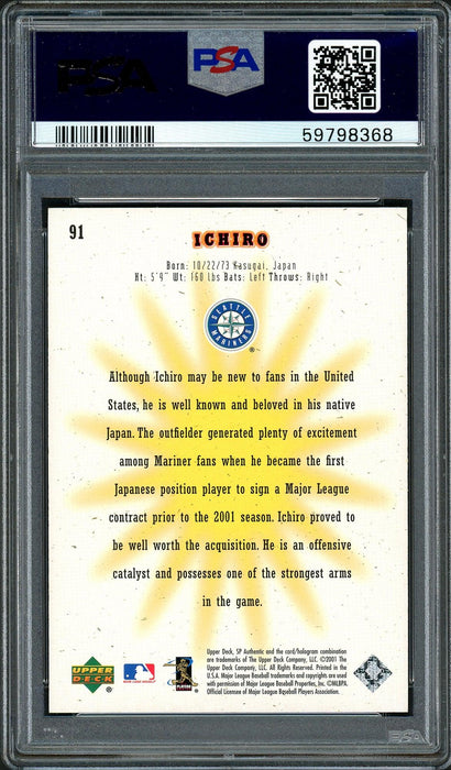 Ichiro Suzuki Autographed Signed 2001 Sp Authentic Rookie Card #91 Seattle  Mariners PSA Auto Grade Gem Mint 10 01 Roy/MVP #31/1250 PSA/DNA