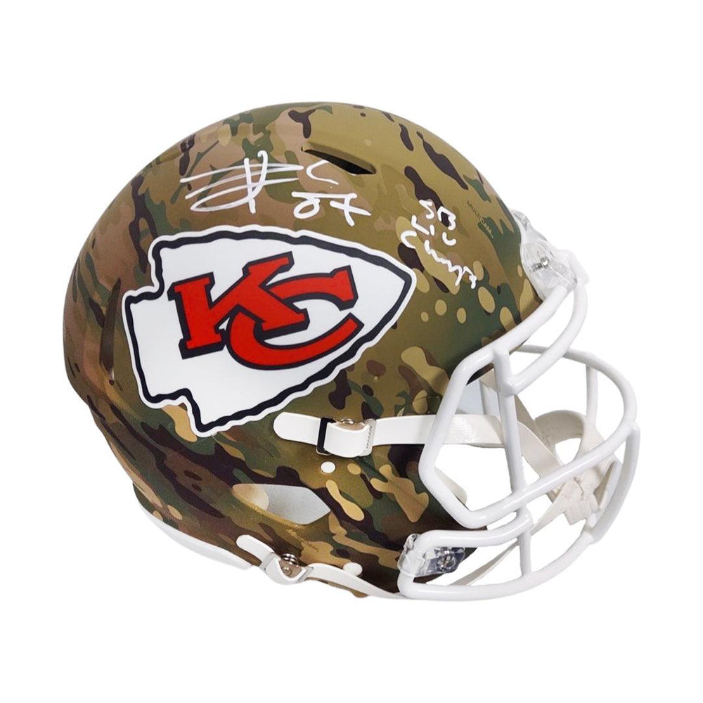 Travis Kelce Signed SB LIV Champs Inscription Kansas City Chiefs Camo Authentic Speed Full-Size Football Helmet (Beckett) - RSA