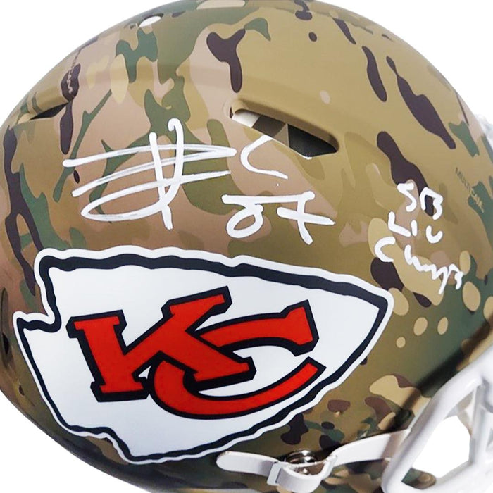 Travis Kelce Signed SB LIV Champs Inscription Kansas City Chiefs Camo Authentic Speed Full-Size Football Helmet (Beckett) - RSA
